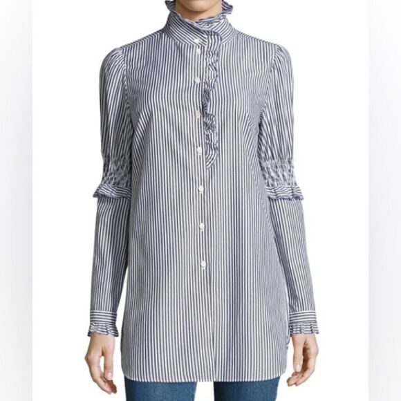 SEE BY CHLOÉ Mock-neck Button-front Striped Tunic Shirt - Picture 1 of 8